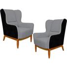 Kit 02 Poltronas Decorativa Base de Madeira Milena D02 Linho Cinza C-416 Material Sintético Preto - Lyam Decor