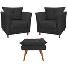 Kit 02 Poltronas Decorativa Isis Pés de Madeira Mais Puff Opalla Suede Preto - DS Estofados Kit 02 Poltronas Decorativa Isis Pés de Madeira Mais Puff Opalla Suede Preto - DS Estofados