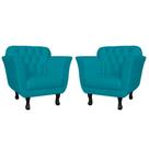 Kit 02 Poltronas Decorativas Helena Pés Luis XV Suede Azul Turquesa - DS Estofados