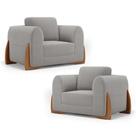 Kit 02 Poltronas Decorativas Living Bloom com Pés de Madeira Bouclê Cinza - Abmaza