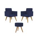 Kit 02 Poltronas Decorativas + Puff Decorativo Redondo Sala Cor:azul Marinho
