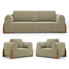 Kit 02 Poltronas e 01 Sofá Bloom 160cm 02 Lugares com Pés de Madeira Bouclê Bege - Desk Design