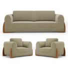 Kit 02 Poltronas E 01 Sofá Bloom 180cm 02 Lugares Com Pés De Madeira Bouclê Bege - Abmaza