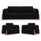 Kit 02 Poltronas e 01 Sofá Bloom 180cm 02 Lugares com Pés de Madeira Bouclê Preto - Desk Design Kit 02 Poltronas e 01 Sofá Bloom 180cm 02 Lugares com Pés de Madeira Bouclê Preto - Desk Design