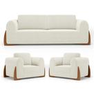 Kit 02 Poltronas e 01 Sofá Bloom 200cm 03 Lugares com Pés de Madeira Bouclê Off White - Abmaza