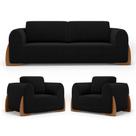 Kit 02 Poltronas e 01 Sofá Bloom 200cm 03 Lugares com Pés de Madeira Bouclê Preto - Abmaza