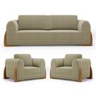 Kit 02 Poltronas e 01 Sofá Bloom 220cm 03 Lugares com Pés de Madeira Bouclê Bege - Desk Design