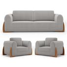 Kit 02 Poltronas e 01 Sofá Bloom 220cm 03 Lugares com Pés de Madeira Bouclê Cinza - Desk Design