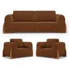Kit 02 Poltronas E 01 Sofá Bloom 220cm 03 Lugares Com Pés De Madeira Bouclê Terracota - Abmaza