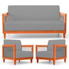 Kit 02 Poltronas e 01 Sofá Samoa Madeira Maciça com Cordas Náutica Linho Cinza - Desk Design