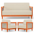 Kit 02 Poltronas e 01 Sofá Samoa Madeira Maciça com Cordas Náutica Linho Pérola - Desk Design