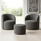 Kit 02 Poltronas Gaia + Puff Living Decorativo Curvo Orgânico Boucle Cinza - Montanaris Decor