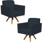 Kit 02 Poltronas Giratória Base Madeira Suede Azul Marinho