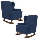 Kit 02 Poltronas Malu Base De Madeira P02 Suede Azul Marinho