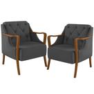 Kit 02 Poltronas Para Sala De Estar Decorativas Base Fixa Coral M03 Linho Chumbo - Lyam Decor