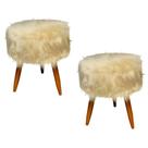 Kit 02 Puffs Banqueta Luxo Redondo Pelúcia Bege Pêlo Alto Pés Madeira Palito - 2M Decor