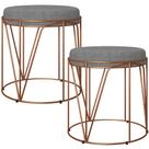 Kit 02 Puffs Decorativo Aramado Bronze Zaya L02 Linho Cinza Escuro - Lyam Decor