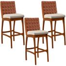 Kit 03 Banquetas Altas Cozinha Sala De Jantar Fixa Mila B04 Sintético Camel Linho Cru - Lyam Decor