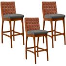 Kit 03 Banquetas Altas Sala De Jantar Fixa Mila L02 material sintético Camel Linho Cinza Escuro - Lyam Decor