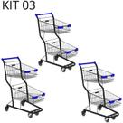 Kit 03 Carrinhos de compras Supermercado Lojas Reforçado 90L