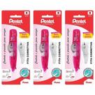 Kit 03 Fitas Corretiva Correction Tape Rosa Retrátil 5mmx6m + Refil Grátis Pentel