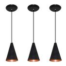 Kit 03 Luminárias pendente modelo cone - Bivolt 110/220v Preto com Cobre Ideal para balcão cozinha americana, bancada
