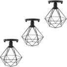 Kit 03 Lustre De Teto Industrial Luminária Plafon Retrô Aramado Diamante Sobrepor Preto