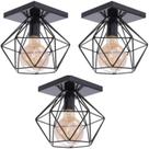 Kit 03 Lustre Luminária Plafon Quadrado Diamante Aramado Preto Luxo Moderno Pendente Retrô