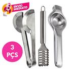 Kit 03 Pç Escamador Descamador Peixe Com Pegador Universal e Espremedor Amassador Limão Inox