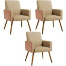 Kit 03 Poltronas Decorativa Maria W01 Pés Palito Linho Bege Escuro Material Sintético Camel - Lyam Decor