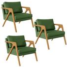 Kit 03 Poltronas Decorativa Sala Pietra Com Estrutura Madeira L02 Facto Verde Musgo - Lyam Decor