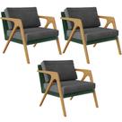 Kit 03 Poltronas Decorativas Sala Estar Pietra L02 Facto Verde Musgo Linho Cinza Escuro - Lyam Decor