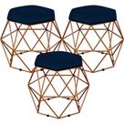 Kit 03 Puffs Decorativo Aramado Bronze Six Suede Azul Marinho - Lyam Decor