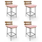Kit 04 Banquetas Costela Suede Rosa Bebê Base Metálica Preto - D'Rossi