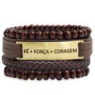 Kit 04 FÉ FORÇA CORAGEM Marrom Strap Plug Esferas Madeira Ajustáveis Trança