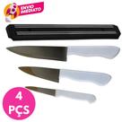 Kit 04 Pç Barra Magnética 50cm Suporte Organizador Faca Ferramenta e Jogo Com 03 Facas Cabo Branco