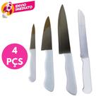 Kit 04 Pç: Faca Pão 6" Serrilhada E Jogo 3 Facas Inox Cabo Branco Lâmina Afiada Conjunto Cozinha