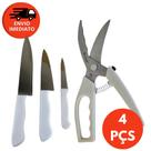Kit 04 Pç Tesoura Trinchante Multifunções Cortar Aves Peixe Carne E Jogo 3 Facas Cabo Branco Kit 04 Pç Tesoura Trinchante Multifunções Cortar Aves Peixe Carne E Jogo 3 Facas Cabo Branco