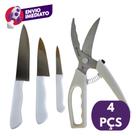 Kit 04 Pç Tesoura Trinchante Multifunções Cortar Aves Peixe Carne E Jogo 3 Facas Cabo Branco Kit 04 Pç Tesoura Trinchante Multifunções Cortar Aves Peixe Carne E Jogo 3 Facas Cabo Branco