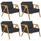 Kit 04 Poltronas Estrutura De Madeira L02 Suede Preto