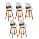 Kit 05 Banquetas Alta Maya Giratória Com Encosto Gourmet Linho Bege e Almofada Suede Verde Musgo - Gat Magazine
