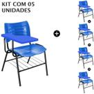 KIT 05 Cadeiras Universitárias com porta livros cor Azul Prancheta Plástica