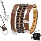 Kit 06 Pulseiras e Colares - Pulseira de Couro de Tiras Marrom e Esferas de Madeira e Fecho Strap Plug Ajustável