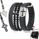 Kit 06 Pulseiras e Colares - Pulseira de Couro Preto TAG CRUZ e Pedras Naturais e Fecho Strap Plug Ajustável