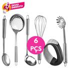 Kit 06 Utensílio Concha Colher Arroz Pegador Massa Escumadeira Batedor Claras Amassador Alho Inox