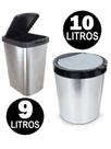 Kit 1 Lixeira C/ Tampa Click Cesto 9 Litros + 1 Lixeira 10 Litros Tipo Inox Prata Cozinha Banheiro Quarto Escritório