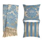 Kit 1 Manta e 2 Capas de Almofada em Tecido Jacquard Tradicional Azul e Dourado