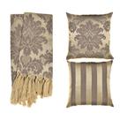 Kit 1 Manta e 2 Capas de Almofada em Tecido Jacquard Tradicional Marrom Acinzentado e Bege