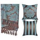 Kit 1 Manta e 2 Capas de Almofada em Tecido Jacquard Tradicional Marrom e Turquesa