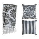 Kit 1 Manta e 2 Capas de Almofada em Tecido Jacquard Tradicional Preto Acinzentado e Prata